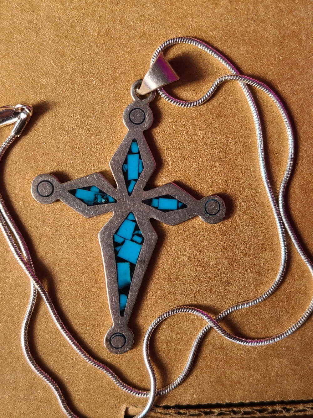 MEXICANA Silver Cross with Turquoise Inlay Signed